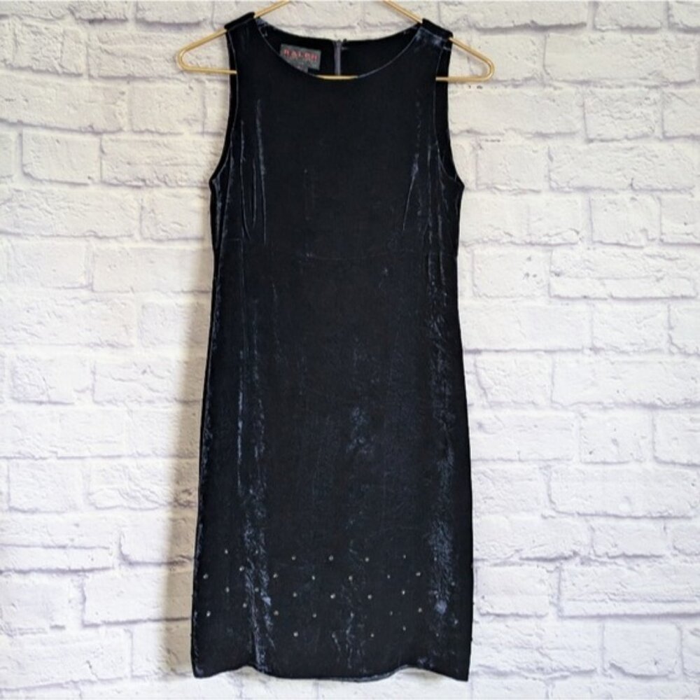 Vintage 90s Ralph Lauren Velvet Mini Dress 2 Navy Blue Sequins Beaded Y2K